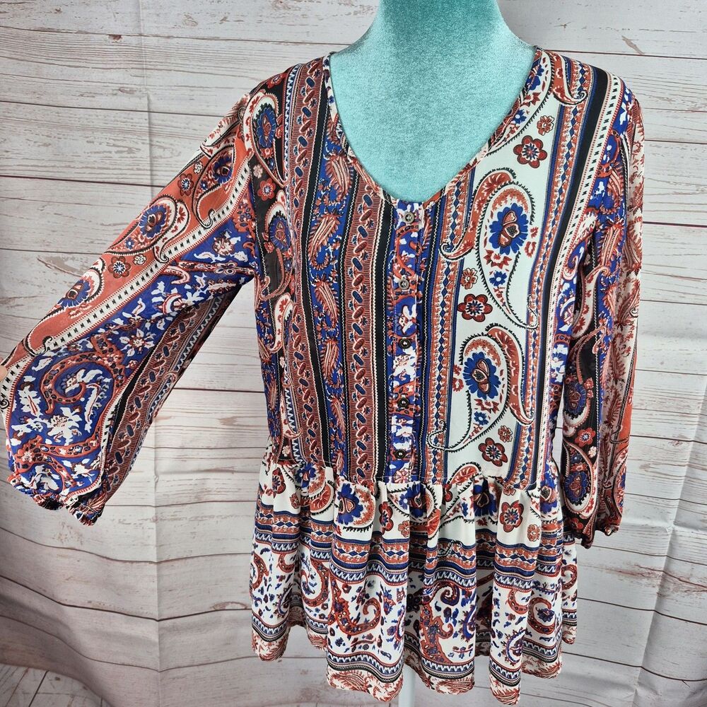 Umgee Tunic Top Womens Sz M Boho Paisley Balloon Sleeve Floral Peplum Festival